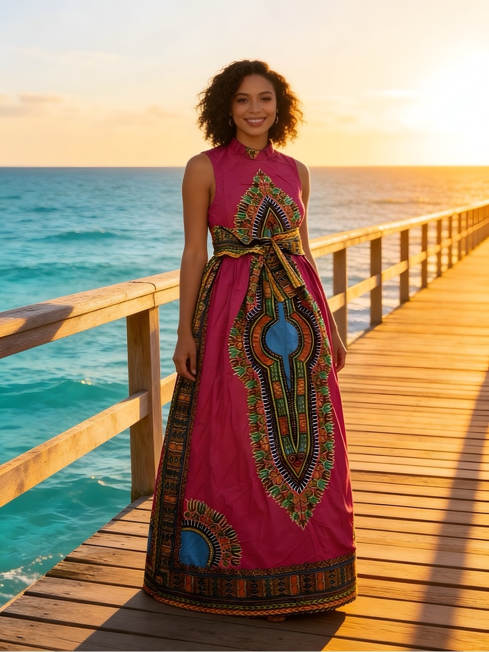 Sleeveless Magenta Maxi Dress with African Print Tie-Waist